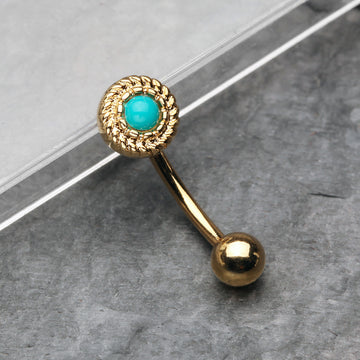 Detail View 1 of Golden Vintage Rope Turquoise Eyebrow Curved Barbell Ring -Turquoise